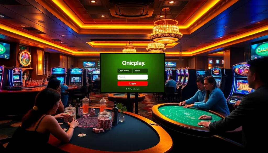 Engage in thrilling gameplay with Onicplay login at a luxury casino setup with vibrant gaming tables.