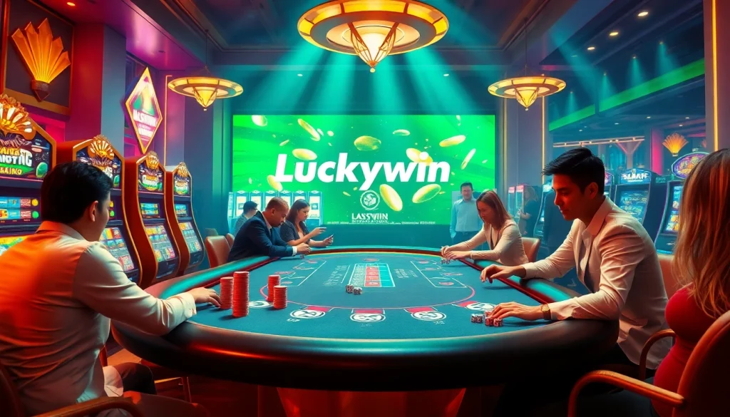 Experience the thrill of Nhà Cái Luckywin with vibrant casino lights and exciting gaming action.