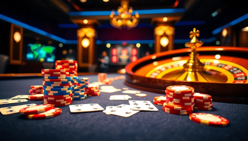 Exciting gambling scene showcasing 22JL casino with poker chips, roulette wheel, and online gaming interface.