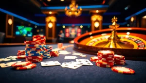 Exciting gambling scene showcasing 22JL casino with poker chips, roulette wheel, and online gaming interface.