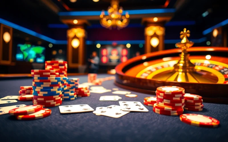 Exciting gambling scene showcasing 22JL casino with poker chips, roulette wheel, and online gaming interface.