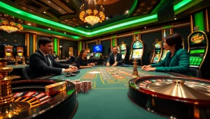 Cwin enhances the thrill of gambling at a luxurious blackjack table surrounded by players and vibrant lights.