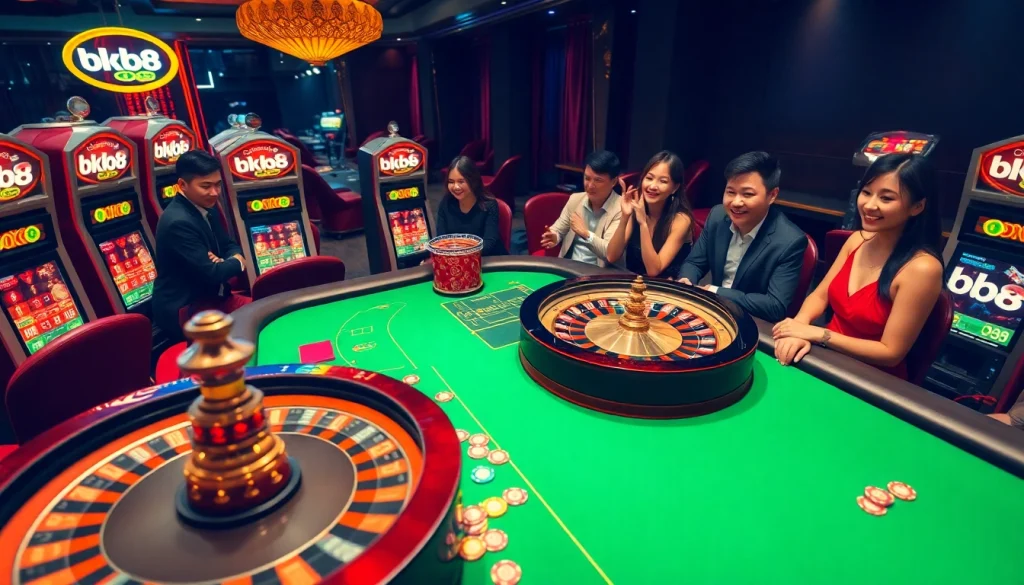 Engaging players at a luxurious bk8 สล็อต gaming table, showcasing exciting casino elements.