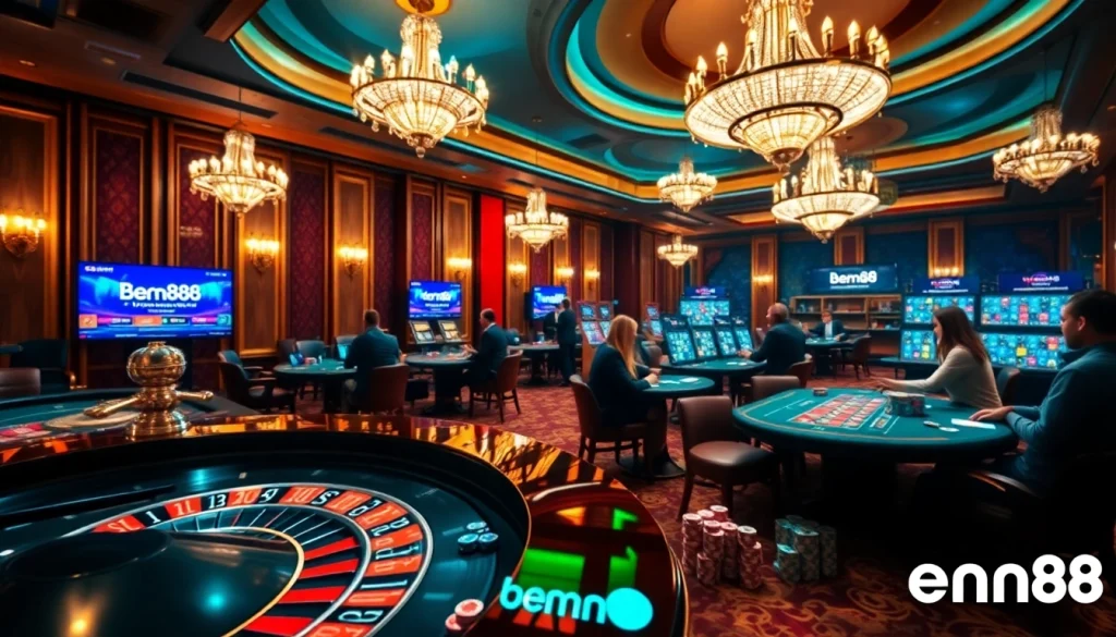 Excited gamblers at bem88 engage with roulette and poker tables in a luxurious casino setting.