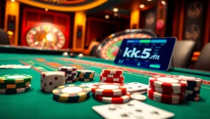 Experience the thrilling world of gambling at kk55.fit with a vibrant poker table, chips, and cards.