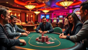 Players enjoying MK 8 poker at a vibrant casino table, showcasing excitement and strategy.
