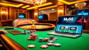 Mu88 Casino table with vibrant poker chips and a roulette wheel in an upscale setting.