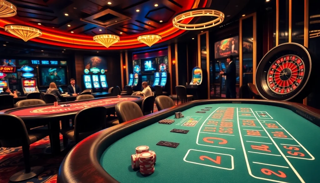 Experience the vibrant excitement of gambling at xx88tv.com with an upscale casino scene filled with poker tables and slot machines.