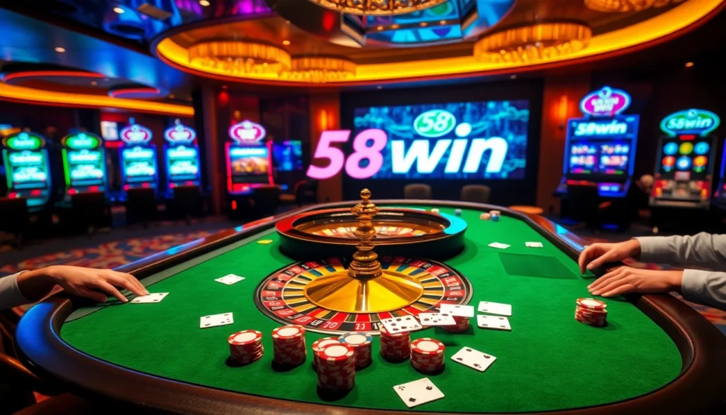 Experience the thrill of betting at 58win with vibrant casino visuals featuring roulette and poker tables.