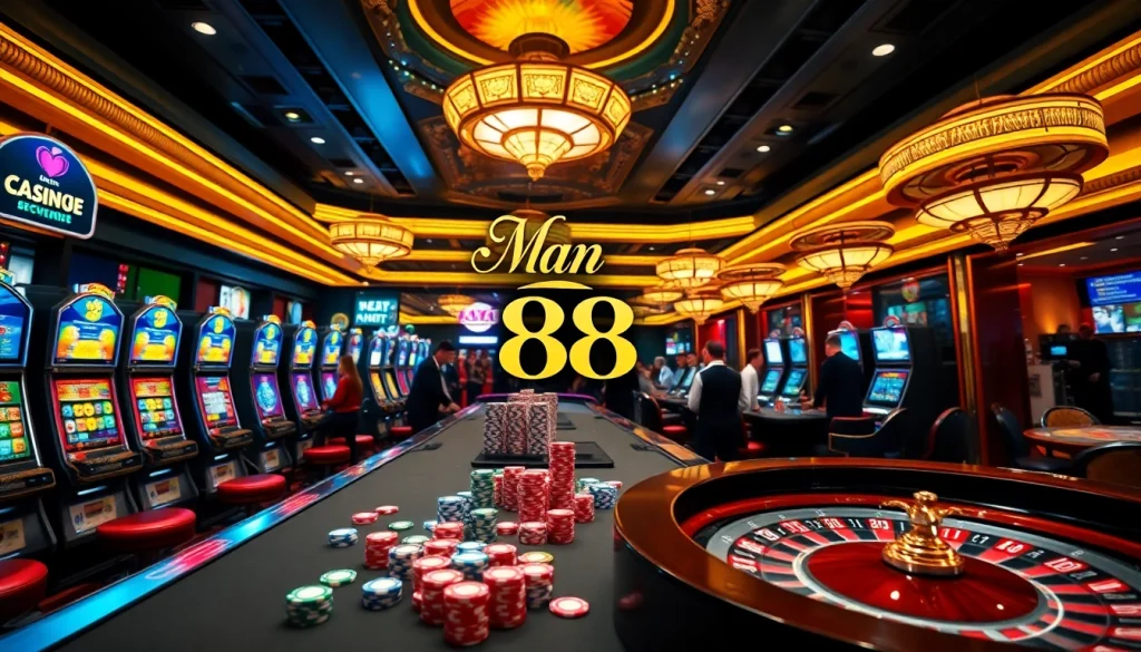 Exciting gambling action at Man 88 casino with vibrant tables and slot machines.
