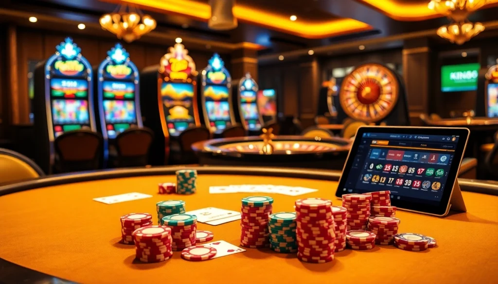Join the thrilling action at king88.com with a vibrant casino scene showcasing poker chips and slot machines.