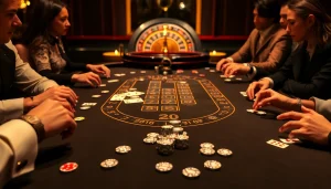 Players enjoying an exhilarating experience at the MK8 casino table with vibrant chips and cards.