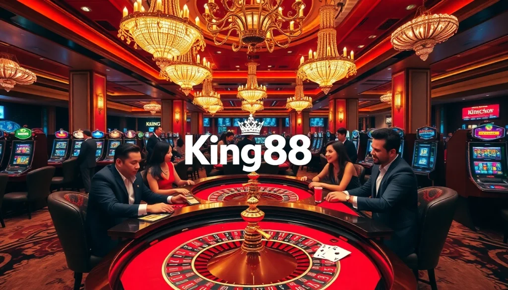 Experience the thrill of King88 at a bustling roulette table in a luxurious casino setting.