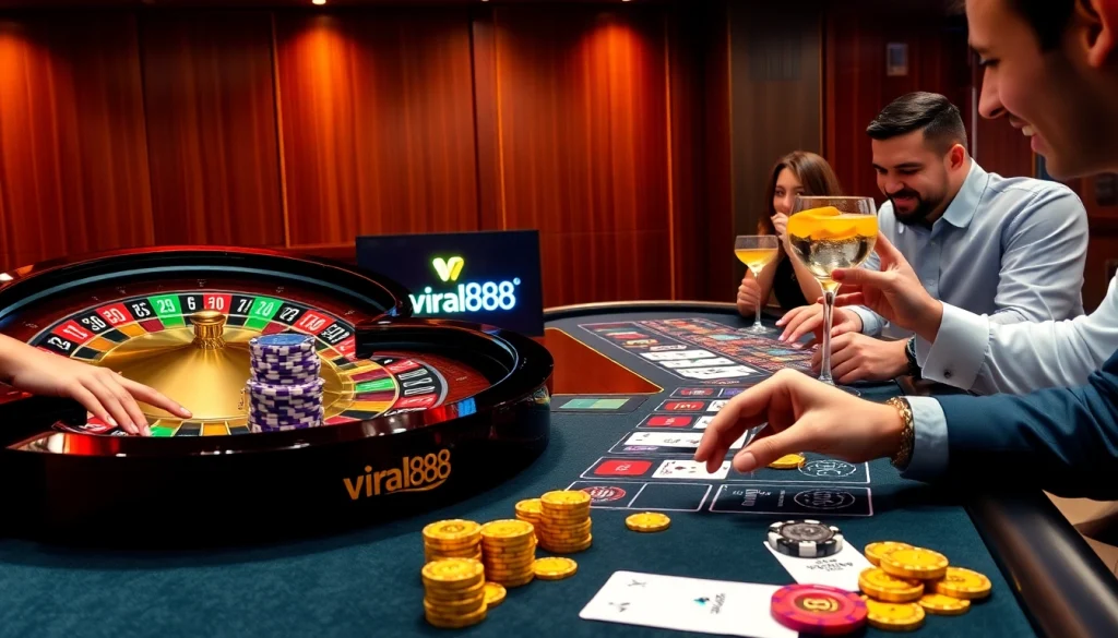 Experience the thrill of gaming with viral88 at a high-stakes roulette table featuring colorful chips.