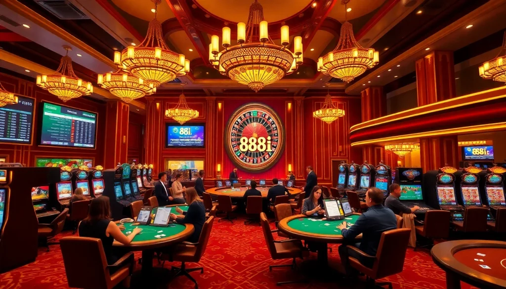 Players enjoying the vibrant atmosphere at 88i's luxury casino, engaging in poker and slots.
