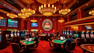 Players enjoying the vibrant atmosphere at 88i's luxury casino, engaging in poker and slots.