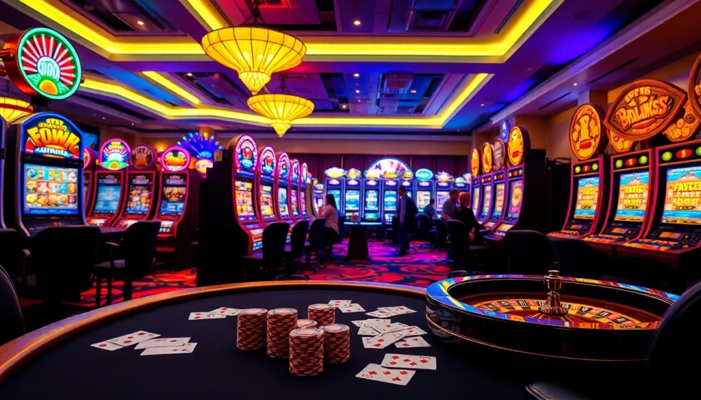 Engaged players spinning slots online with vibrant machines and poker chips in a luxury casino.