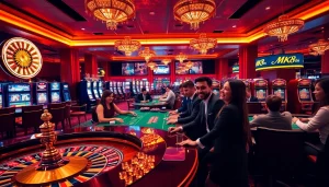 Experience the excitement of MK8 โค้ด เคร ดิต ฟรี with players enjoying various casino games amidst vibrant lights.