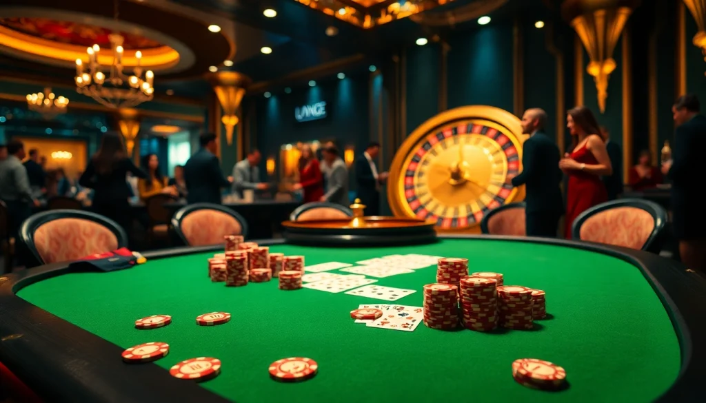 Experience the thrill of poker gameplay at https://gamenohu99.com/, showcasing colorful chips and a glamorous atmosphere.