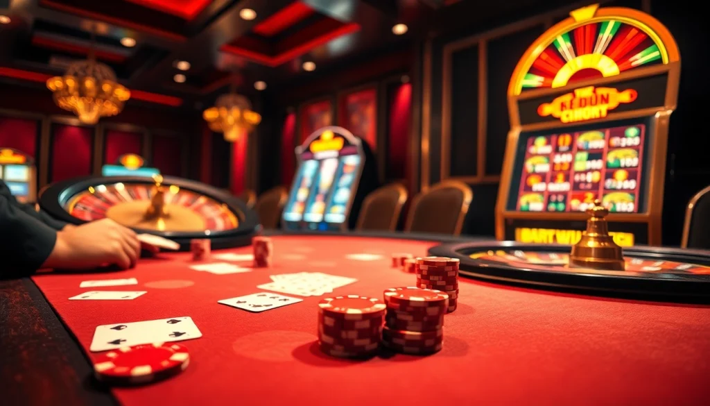 Experience the thrill of winning at a casino with link okfun, featuring poker chips and a roulette wheel.