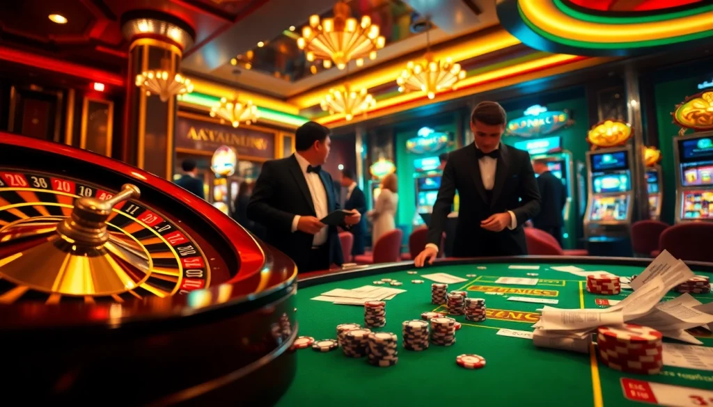 Engaging casino action showcasing gori77 with players at a roulette table and slot machines.