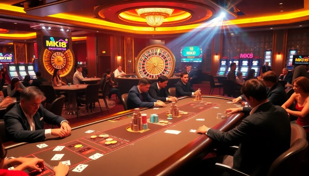 Players enjoying an exhilarating MK8 casino experience with vibrant poker and blackjack tables.