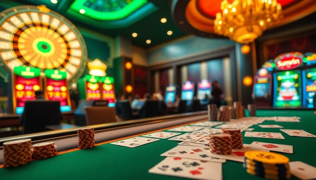 Excited players enjoying high-stakes games at Sunwin casino with vibrant table settings.