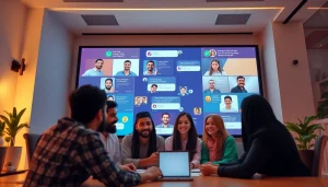 مشهد دينامي لشات عربي يعرض مستخدمين متنوعين يتفاعلون في بيئة دردشة عبر الإنترنت وديّة.