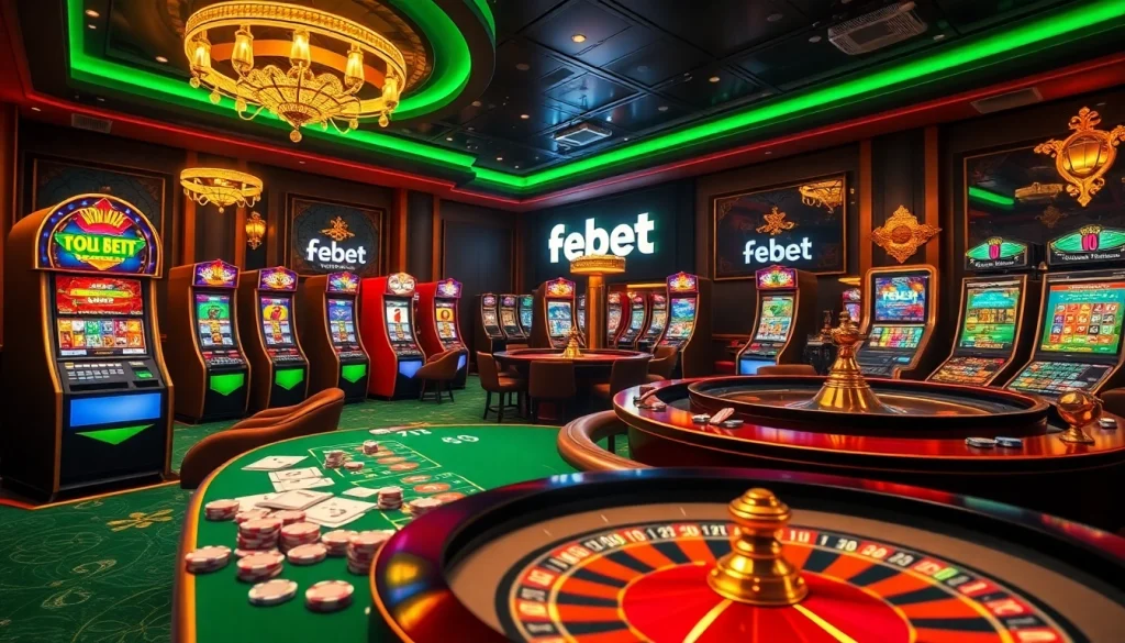 Experience thrilling gameplay with febet's luxurious casino environment featuring dynamic tables and slot machines.