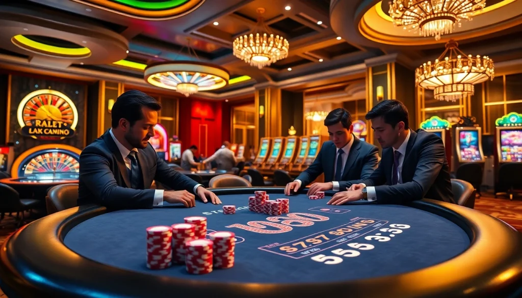 Players competing at the poker table in a luxurious casino featuring raja 88 elements for an exciting atmosphere.