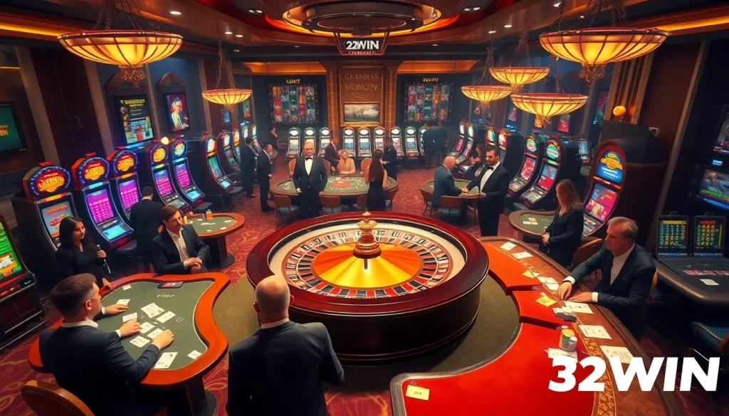 32WIN players engaging with vibrant casino tables, showcasing the thrill of strategic gameplay.