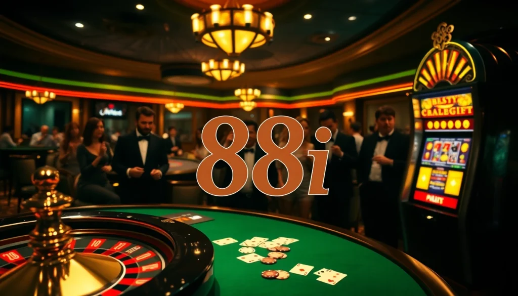 Gambling enthusiasts enjoying a thrilling casino night at 88i, with roulette and poker tables.