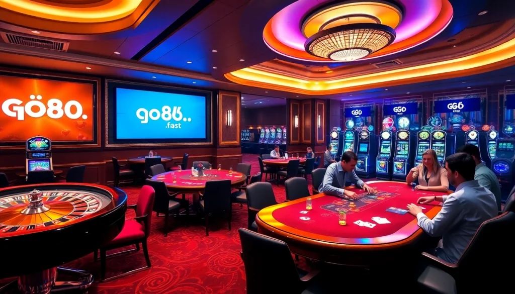 Experience the thrill of winning at GO88 with lively gaming scenes and vibrant casino elements.