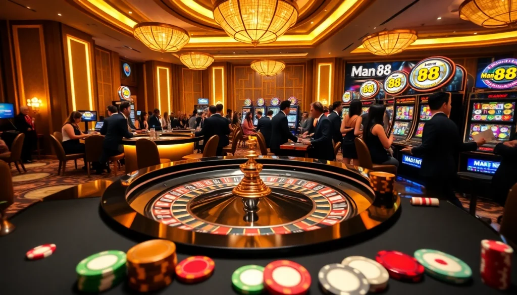 Experience the thrill of Man 88 with engaging casino games and vibrant gambling scenes.
