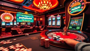 Pahala4d gaming scene showcasing high-end poker, roulette, and neon slot machines.
