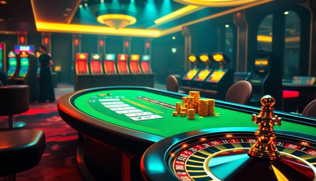 Experience thrilling online gambling with rikvip highlighted on a virtual poker table and slot machines.