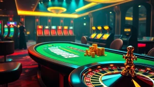 Experience thrilling online gambling with rikvip highlighted on a virtual poker table and slot machines.