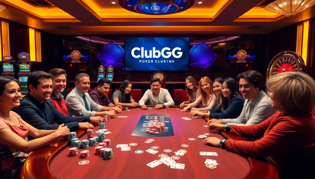 Players participating in the ClubGG poker club at a luxurious table filled with chips and cards.