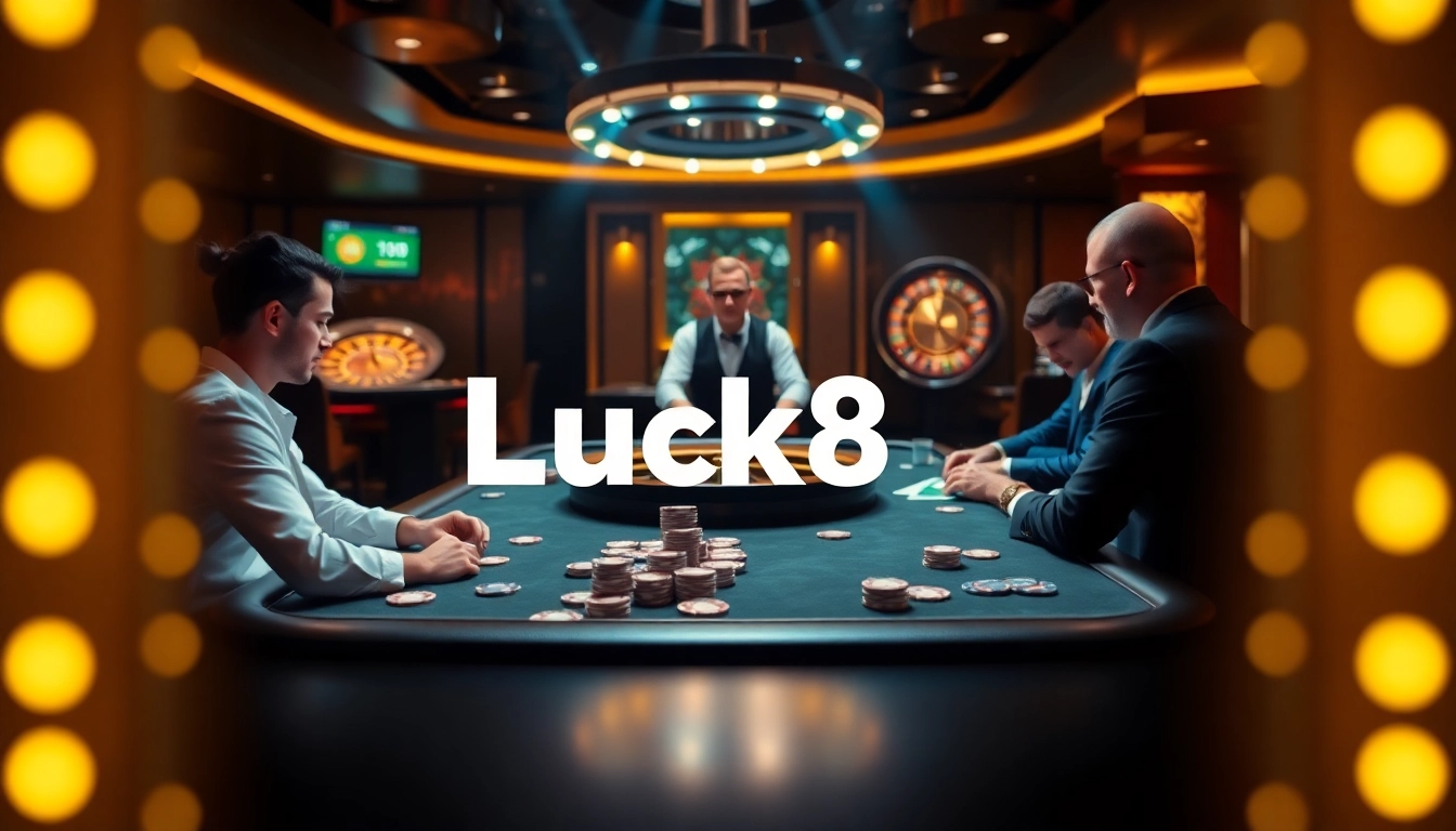 Luck8 players enjoying a thrilling poker game with vibrant casino elements in the background.