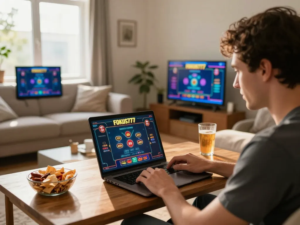 Engaged player enjoying Fokus777 online casino from home, placing bets with excitement.