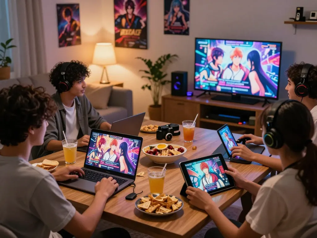 Friends enjoying interactive porngames on multiple devices in a cozy gaming setup.
