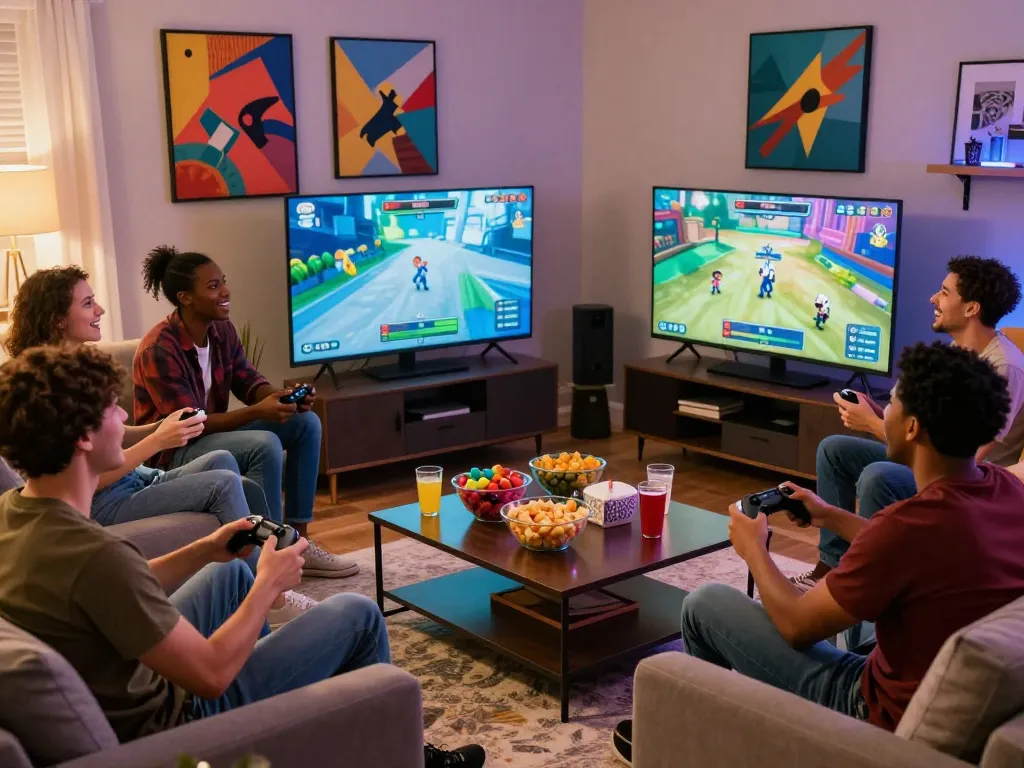 Exciting adult game gathering with friends enjoying gaming in a cozy living room.