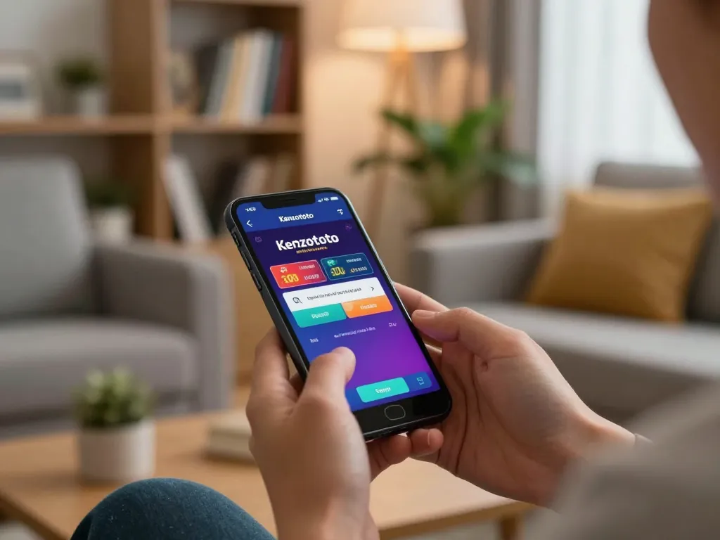Kenzototo login di smartphone yang menampilkan strategi perjudian online di ruang tamu yang nyaman
