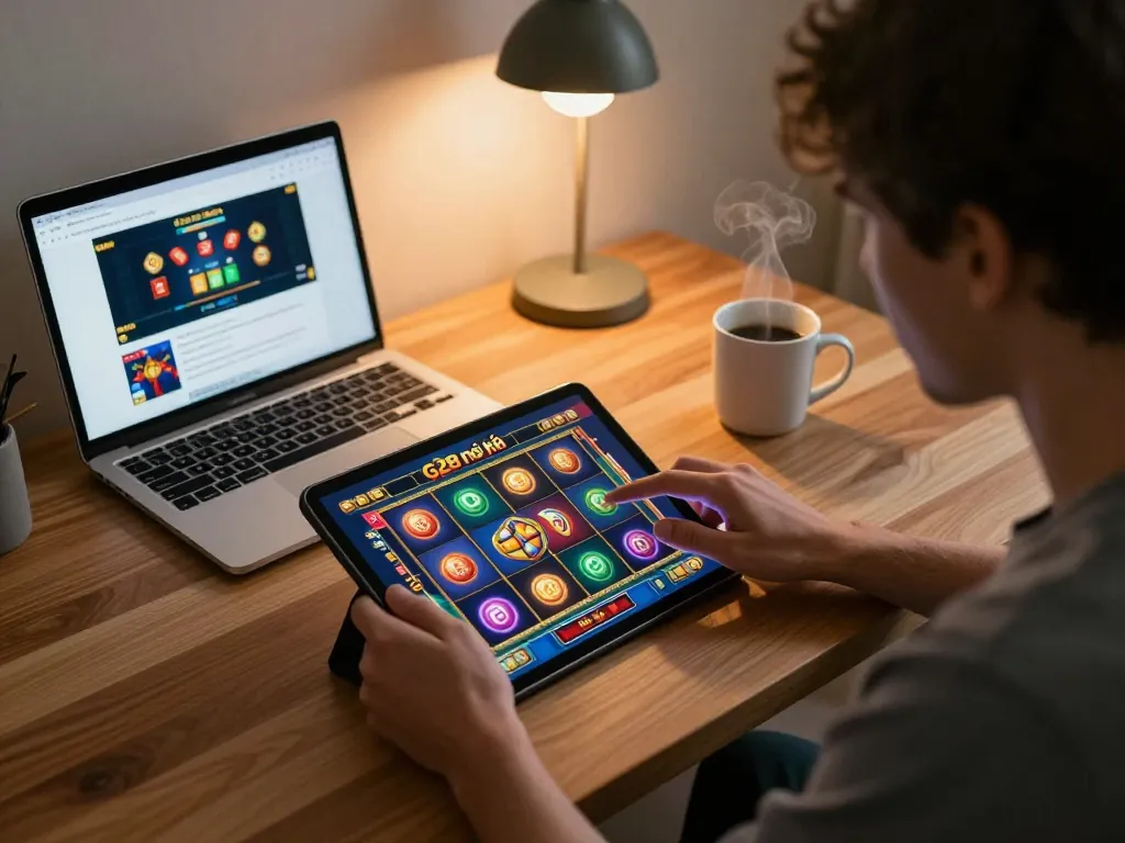 Engage with g28 nổ hũ slot gaming on a modern tablet during a cozy home session.