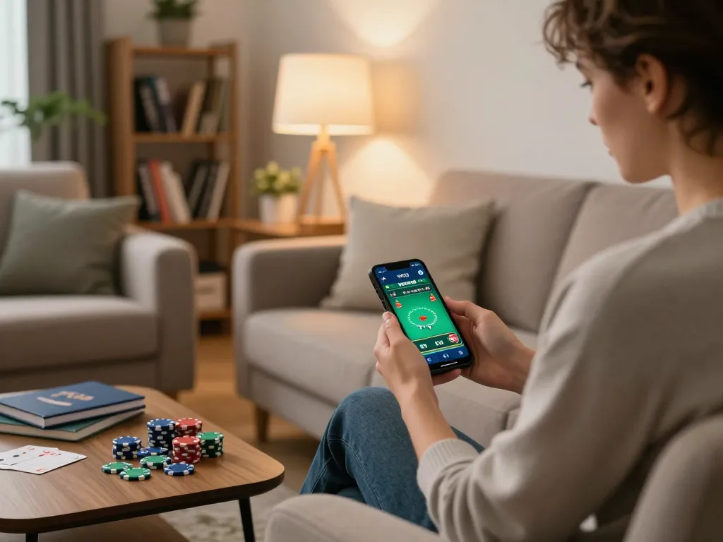 A person engaged with the vn23 app for online poker in a cozy home environment, displaying strategic gambling.