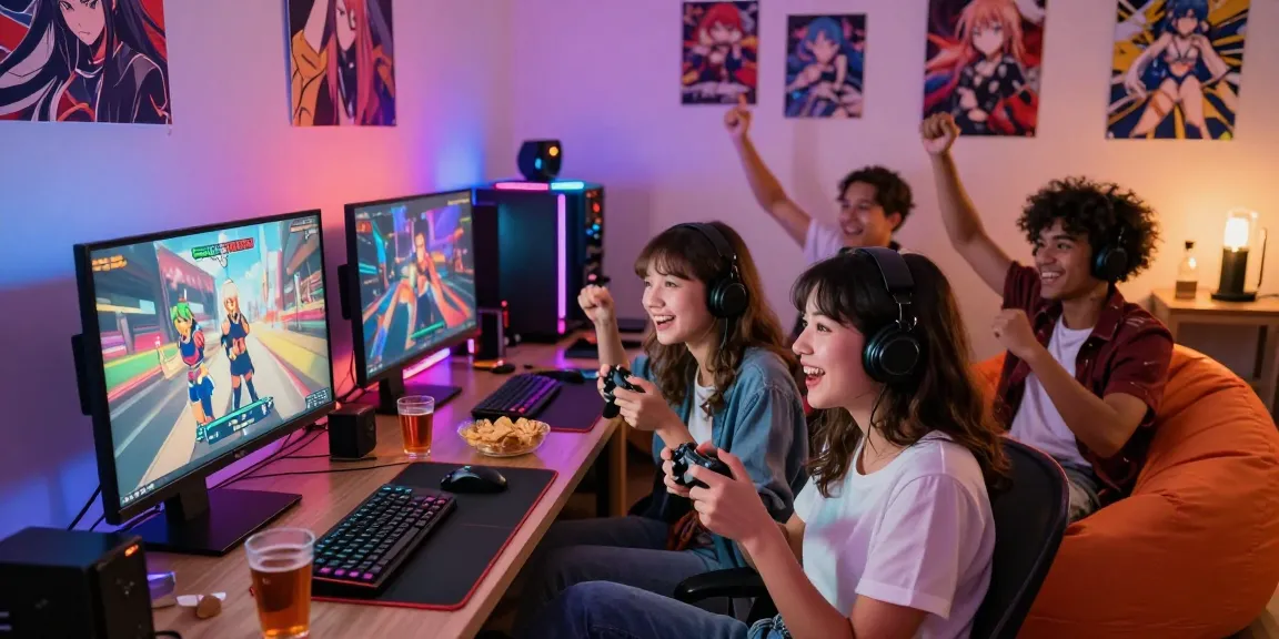 Young adults enjoying a vibrant hentai game session together, filled with energy and excitement.