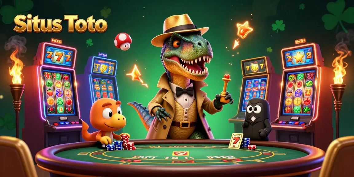 Situs Toto showcases a whimsical 3D cartoon velociraptor at a blackjack table, blending gambling fun with fantasy elements.
